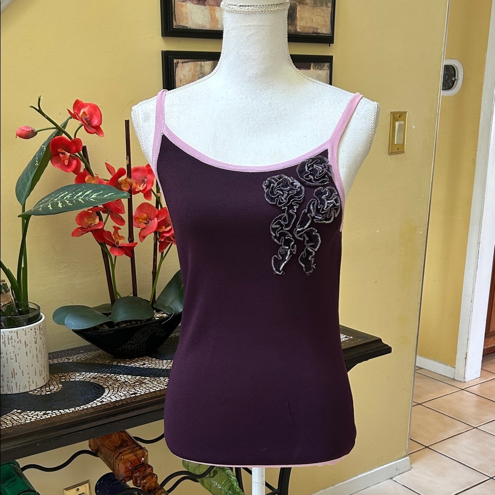 Women’s Vtg Y2K 90’s Burgundy Purple Floral Appliqués Ribbed Camisole Tank Top L